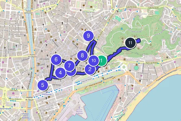 Walking tour route map of Malaga