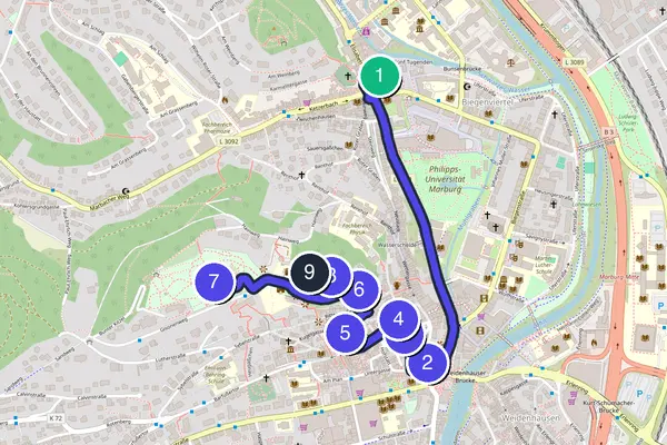 Routenkarte des Stadtrundgangs durch Marburg
