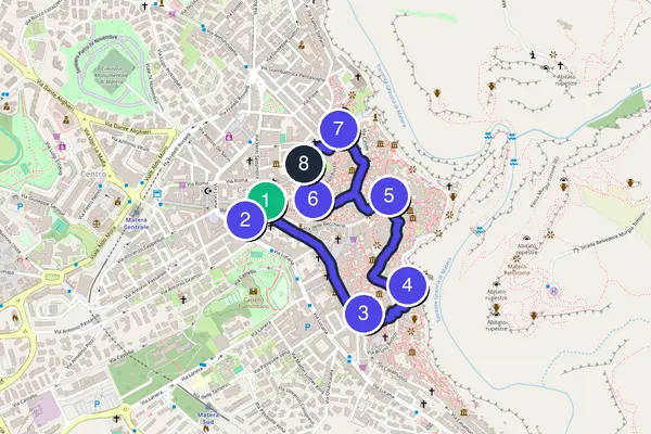 Walking tour route map of Matera