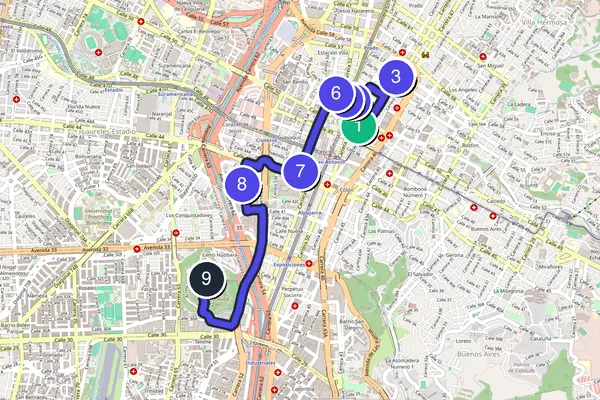 Routenkarte des Stadtrundgangs durch Medellín