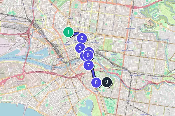 Routenkarte des Stadtrundgangs durch Melbourne