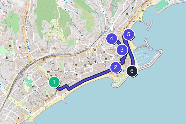 Routenkarte des Stadtrundgangs durch Menton