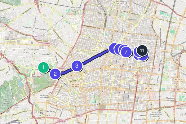 Walking tour route map of Mexico City