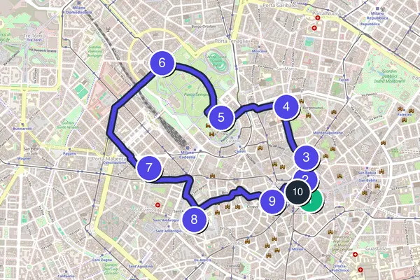 Walking tour route map of Milan