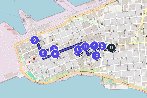 Walking tour route map of Montevideo