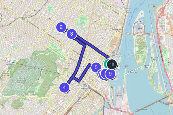 Routenkarte des Stadtrundgangs durch Montreal