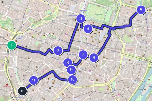 Walking tour route map of Munich