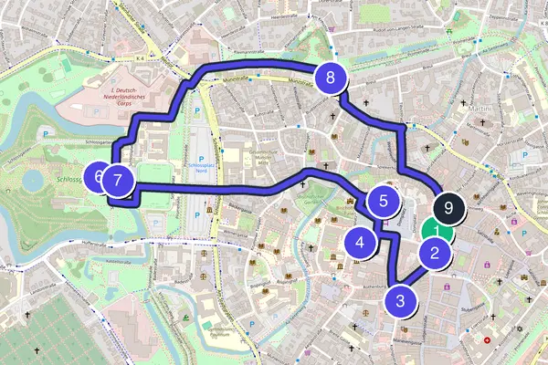 Routenkarte des Stadtrundgangs durch Münster