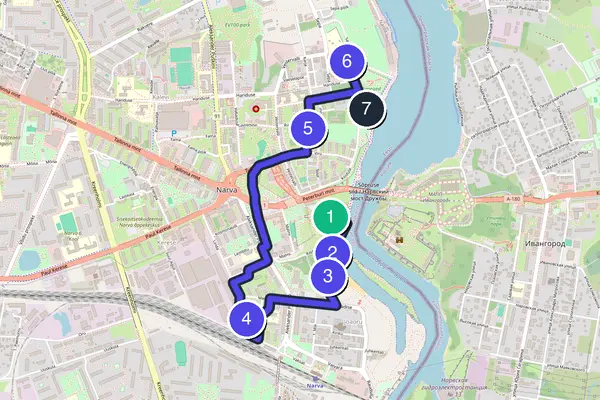 Routenkarte des Stadtrundgangs durch Narva