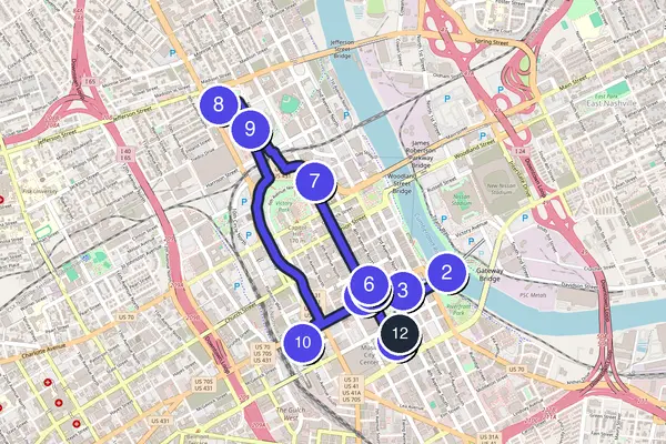 Routenkarte des Stadtrundgangs durch Nashville