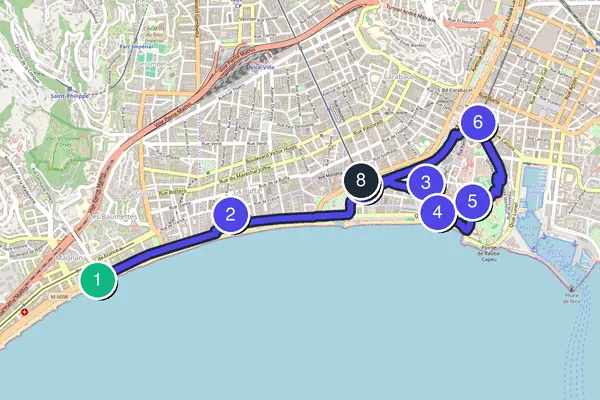 Walking tour route map of Nice