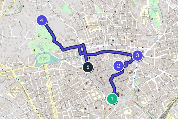 Walking tour route map of Nîmes