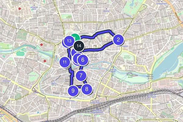 Walking tour route map of Nuremberg