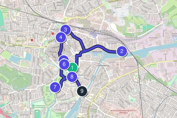 Routenkarte des Stadtrundgangs durch Oldenburg