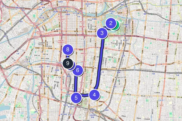 Routenkarte des Stadtrundgangs durch Osaka