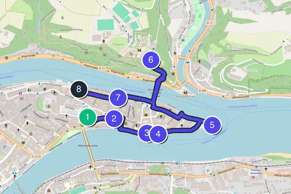 Routenkarte des Stadtrundgangs durch Passau