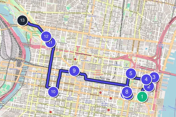 Walking tour route map of Philadelphia