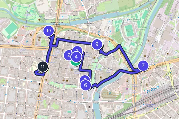 Routenkarte des Stadtrundgangs durch Pilsen