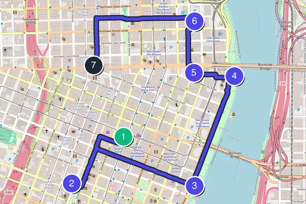 Walking tour route map of Portland