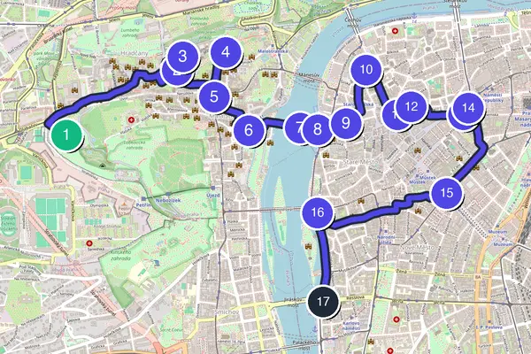 Routenkarte des Stadtrundgangs durch Prag
