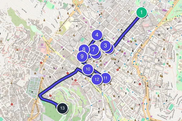 Walking tour route map of Quito