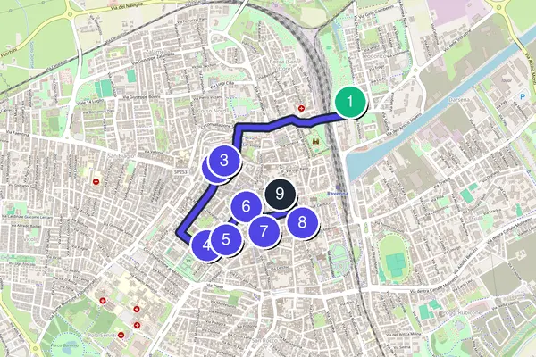 Routenkarte des Stadtrundgangs durch Ravenna