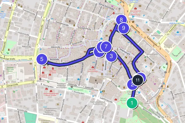 Routenkarte des Stadtrundgangs durch Ravensburg