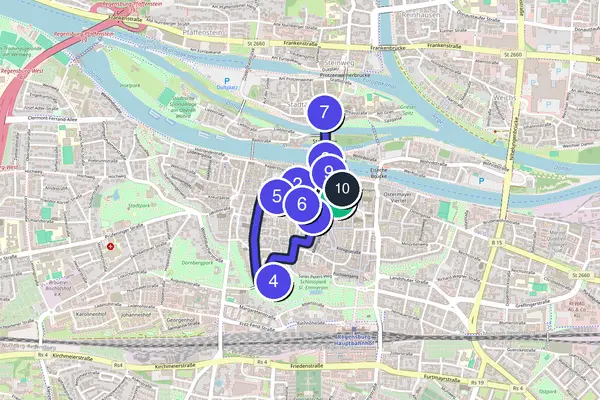 Walking tour route map of Regensburg