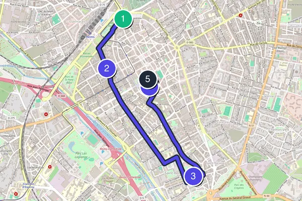 Walking tour route map of Reims