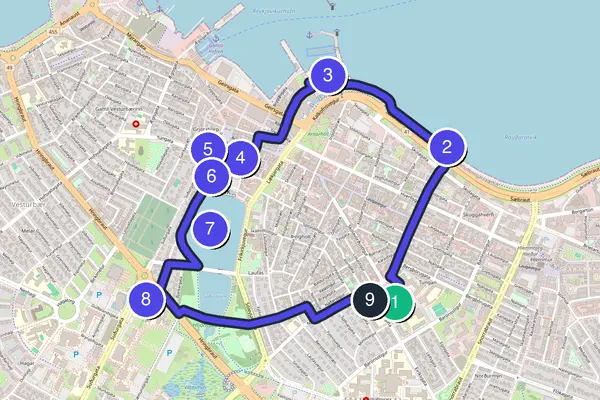 Walking tour route map of Reykjavik