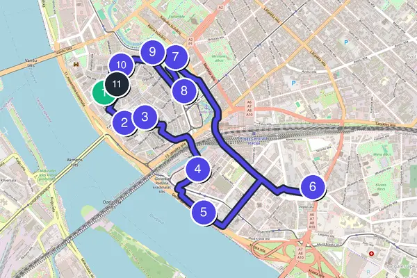 Walking tour route map of Riga