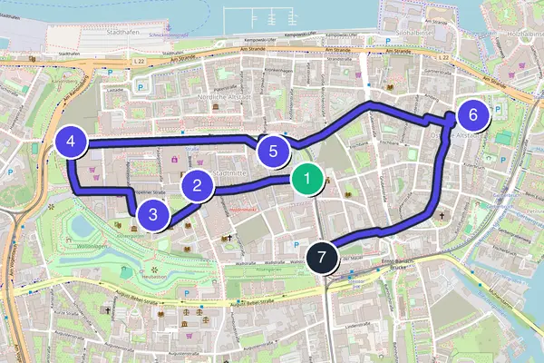 Routenkarte des Stadtrundgangs durch Rostock