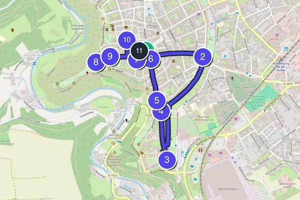 Routenkarte des Stadtrundgangs durch Rothenburg ob der Tauber
