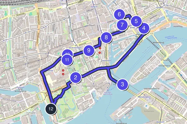 Routenkarte des Stadtrundgangs durch Rotterdam