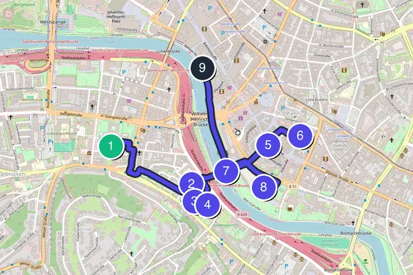 Routenkarte des Stadtrundgangs durch Saarbrücken