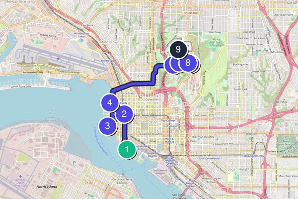 Routenkarte des Stadtrundgangs durch San Diego