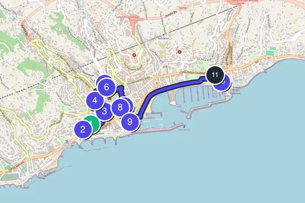 Routenkarte des Stadtrundgangs durch Sanremo