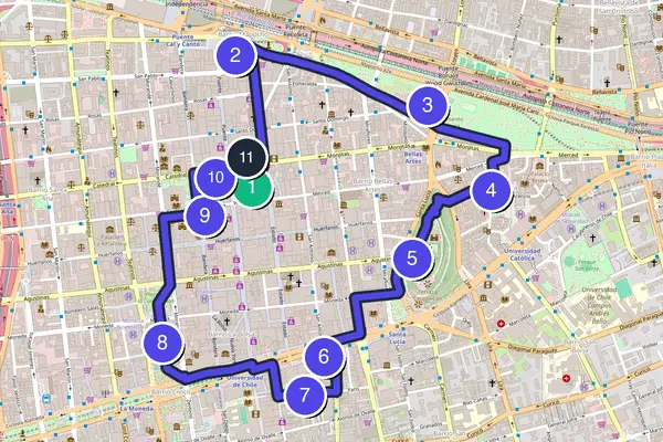 Walking tour route map of Santiago de Chile