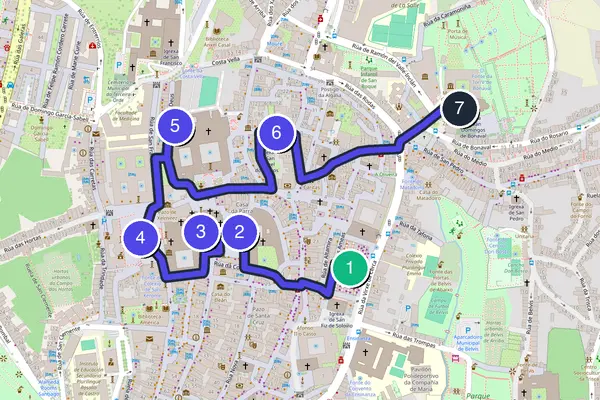 Walking tour route map of Santiago de Compostela