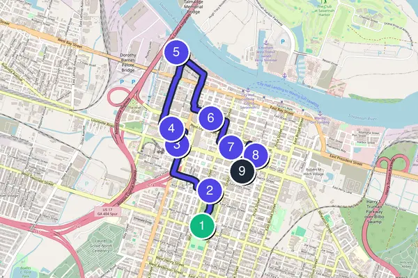 Walking tour route map of Savannah