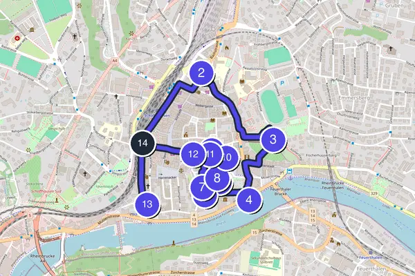 Routenkarte des Stadtrundgangs durch Schaffhausen