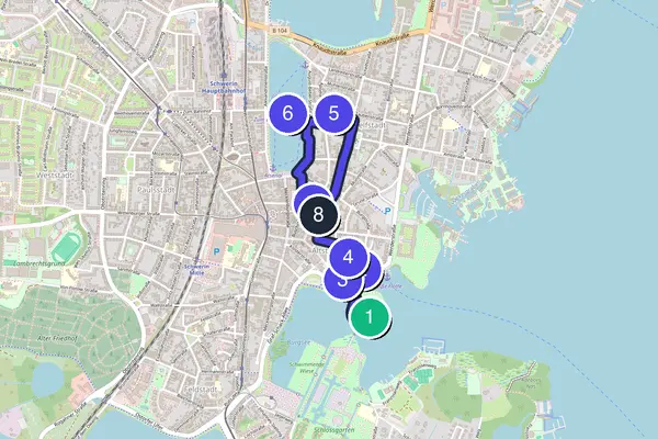 Walking tour route map of Schwerin