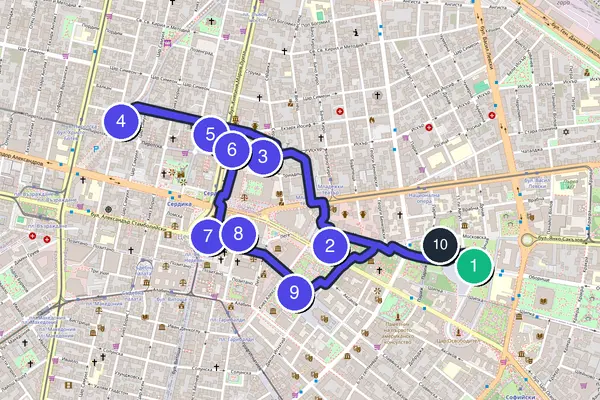 Routenkarte des Stadtrundgangs durch Sofia