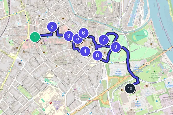 Routenkarte des Stadtrundgangs durch Speyer