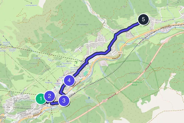 Routenkarte des Stadtrundgangs durch St. Anton am Arlberg