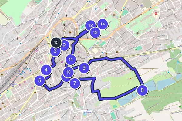 Walking tour route map of St. Gallen
