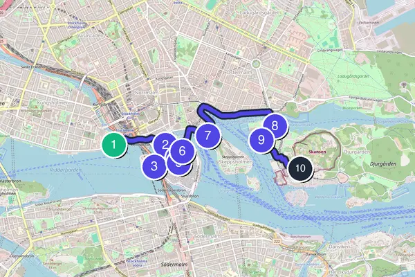 Walking tour route map of Stockholm