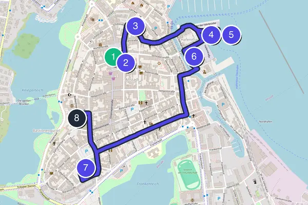 Routenkarte des Stadtrundgangs durch Stralsund