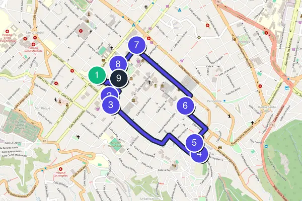 Routenkarte des Stadtrundgangs durch Sucre