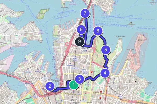 Walking tour route map of Sydney